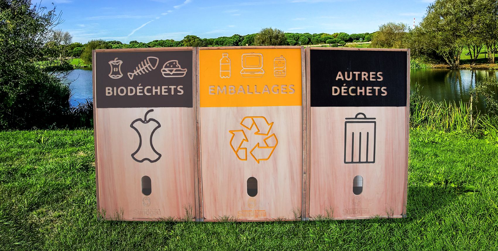 Poubelles en bois pour le tri